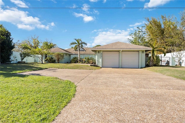 single story home featuring a front lawn and a garage