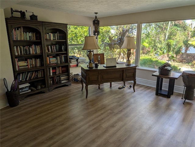 office area featuring hardwood / wood-style floors and a textured ceiling