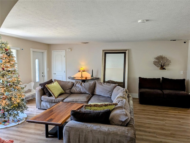 living room with a textured ceiling and light wood-type flooring