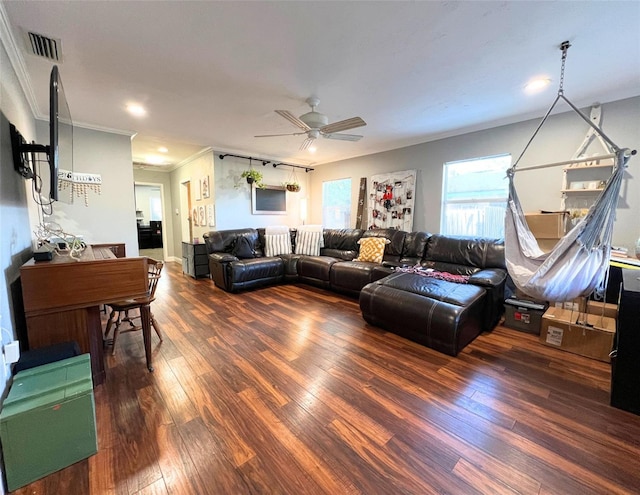 living room with crown molding, ceiling fan, and dark hardwood / wood-style floors