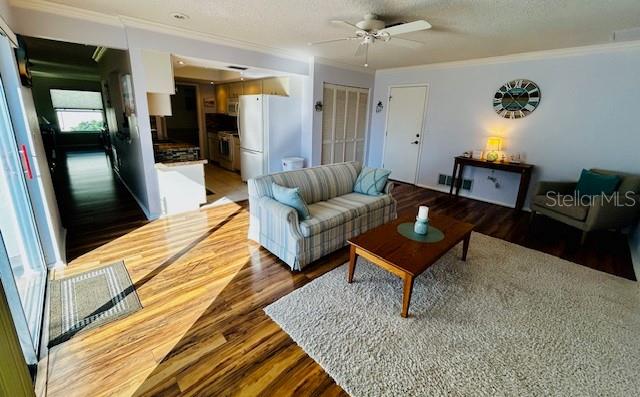 living room with hardwood / wood-style flooring, ornamental molding, ceiling fan, and a textured ceiling