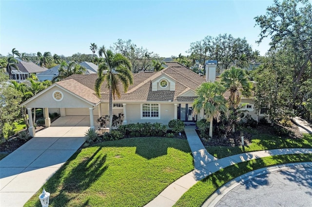 view of front of home featuring a carport and a front lawn