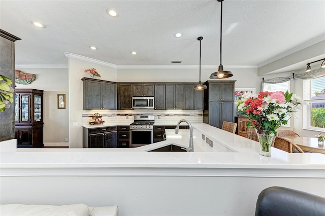 kitchen with pendant lighting, crown molding, dark brown cabinetry, and stainless steel appliances