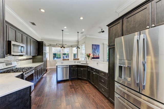 kitchen with sink, dark hardwood / wood-style flooring, crown molding, decorative light fixtures, and appliances with stainless steel finishes