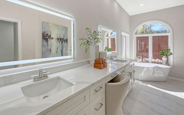 bathroom with a washtub and vanity