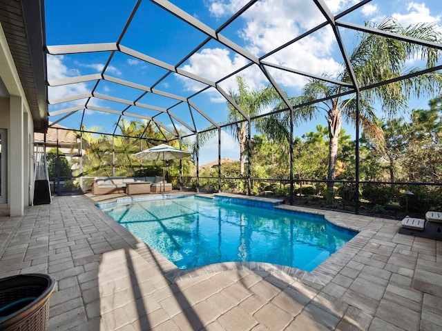 view of swimming pool with a lanai and a patio area