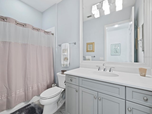 full bathroom with vanity, toilet, and shower / bathtub combination with curtain