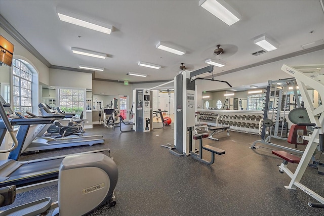 workout area with ceiling fan and ornamental molding