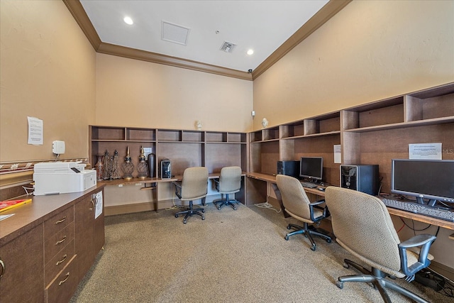 4106 Central Sarasota Pkwy Unit 1026, Sarasota, FL 34238 - office area with crown molding, built in desk, a towering ceiling, and recessed lighting