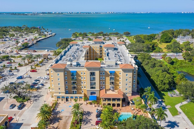 drone / aerial view featuring a water view