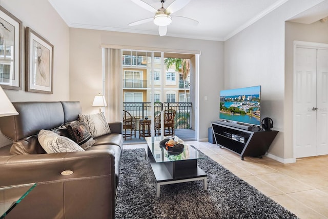 tiled living room featuring crown molding and ceiling fan