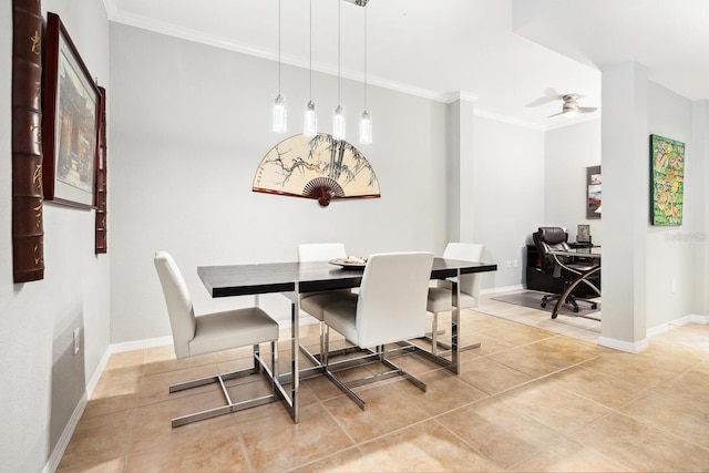 tiled dining space with ceiling fan and ornamental molding