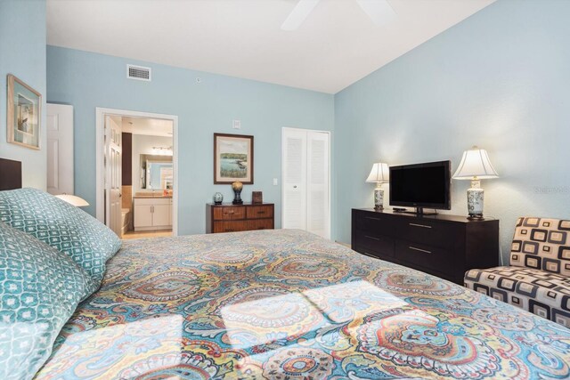 bedroom featuring ceiling fan, a closet, and ensuite bathroom