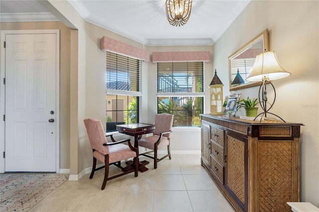 tiled dining space with plenty of natural light, a notable chandelier, and ornamental molding