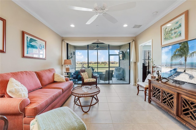 tiled living room featuring ceiling fan and ornamental molding