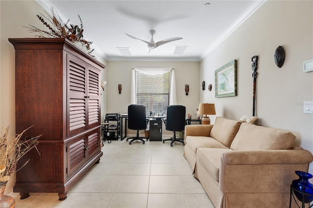 office area with ceiling fan, ornamental molding, and light tile patterned flooring