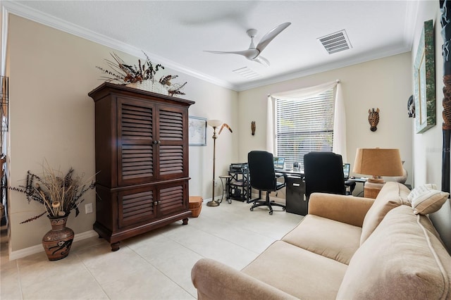 tiled office featuring ceiling fan and ornamental molding