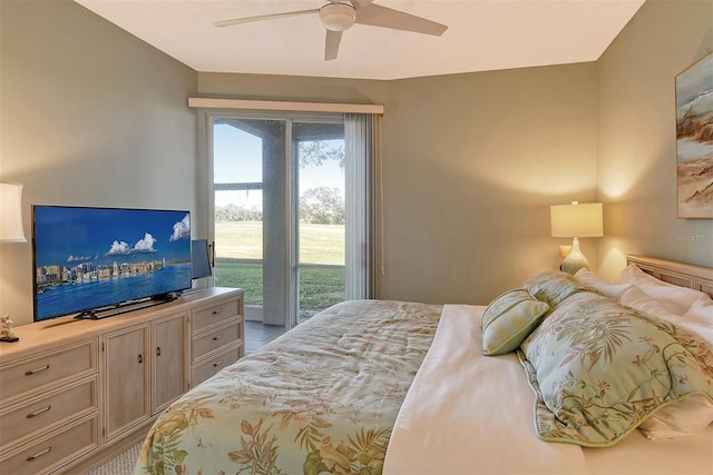 bedroom with ceiling fan and access to exterior