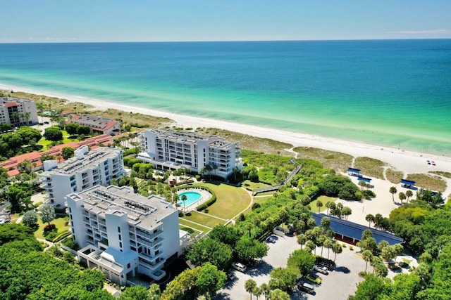 aerial view featuring a beach view and a water view