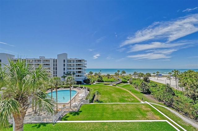 view of pool featuring a water view