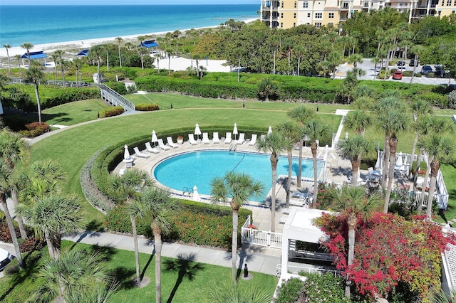 view of pool featuring a water view