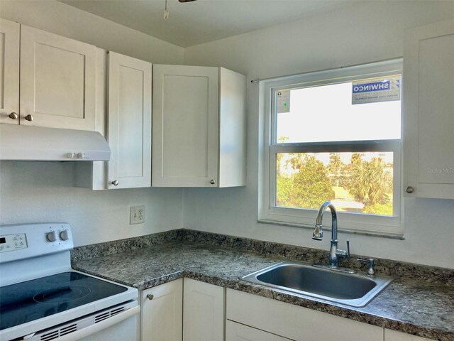 4480 Ironwood Cir Unit 218A, Bradenton, FL 34209 - kitchen with under cabinet range hood, white electric stove, a sink, white cabinets, and dark countertops