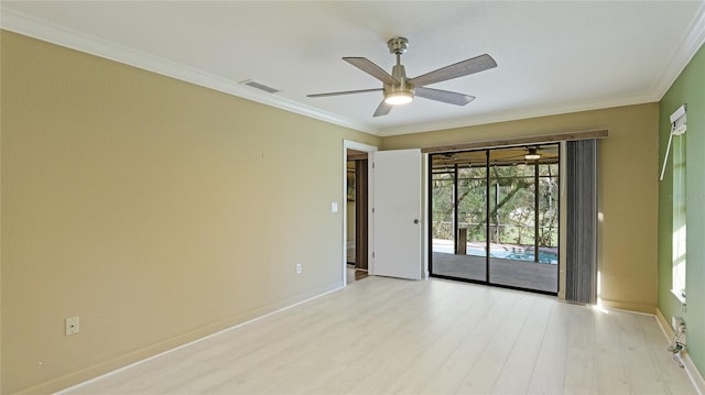 unfurnished room with crown molding, ceiling fan, and light hardwood / wood-style floors