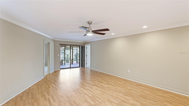 spare room with ceiling fan, light wood-type flooring, and crown molding