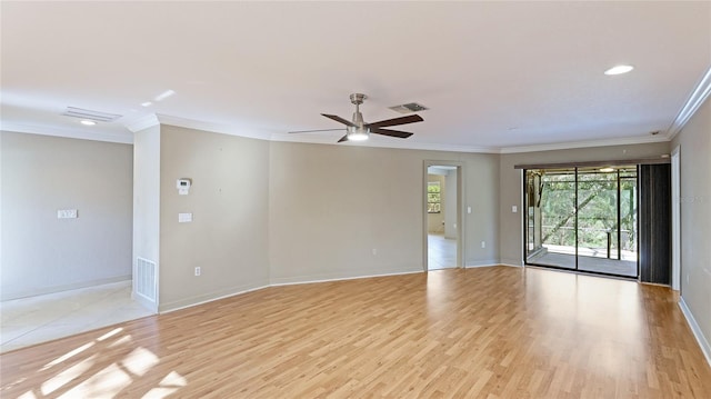 empty room with light hardwood / wood-style floors, ceiling fan, and ornamental molding