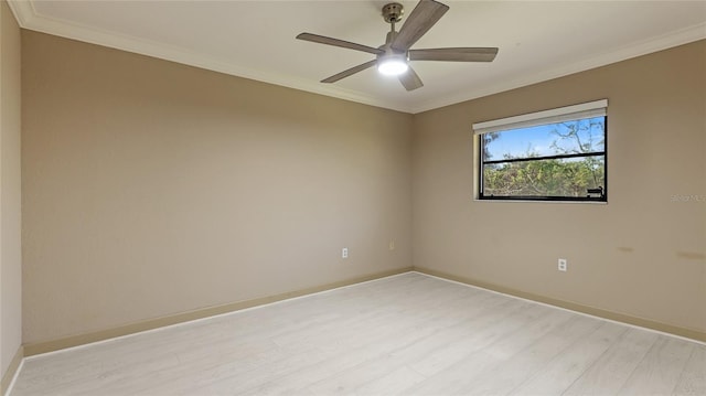 empty room with light hardwood / wood-style floors, ceiling fan, and ornamental molding