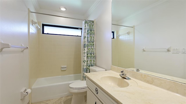 full bathroom with tile patterned floors, ornamental molding, vanity, shower / bath combo with shower curtain, and toilet