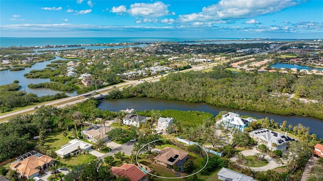 aerial view featuring a water view