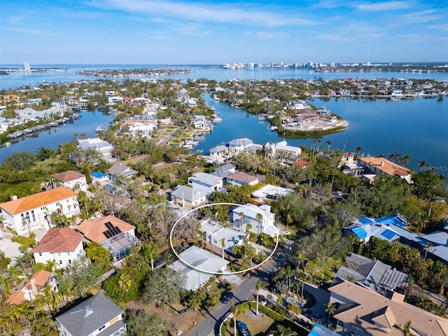 drone / aerial view with a water view