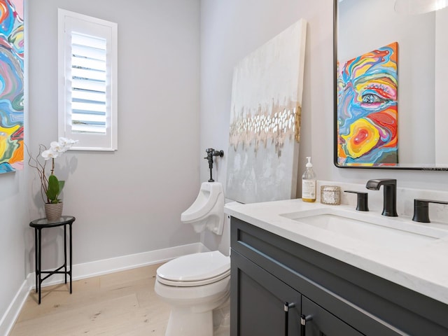 bathroom with wood-type flooring, vanity, and toilet