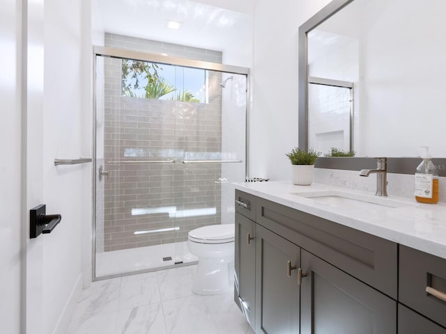 bathroom featuring vanity, toilet, and a shower with door