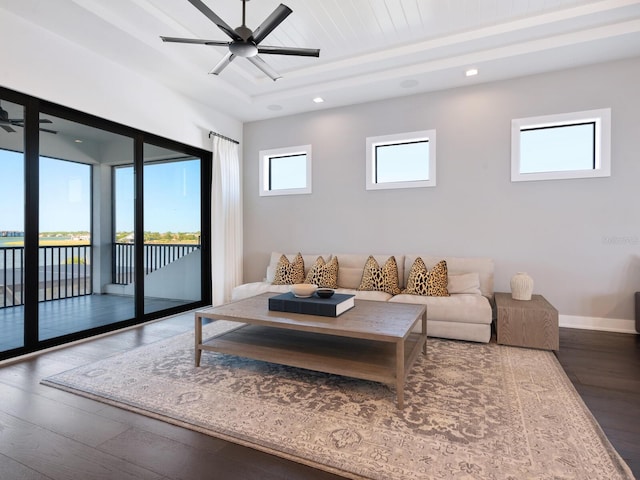 living room featuring ceiling fan, wood ceiling, and hardwood / wood-style flooring