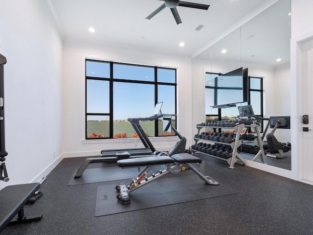 exercise room with ceiling fan and crown molding