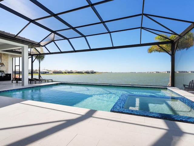 view of pool with a lanai, a patio, and a water view