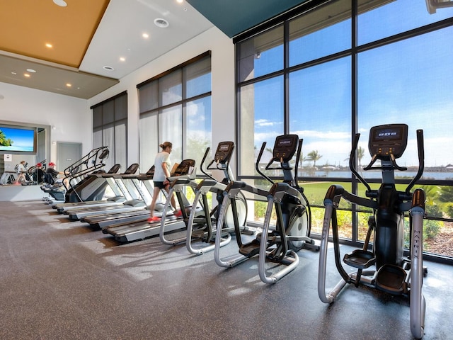 exercise room featuring expansive windows