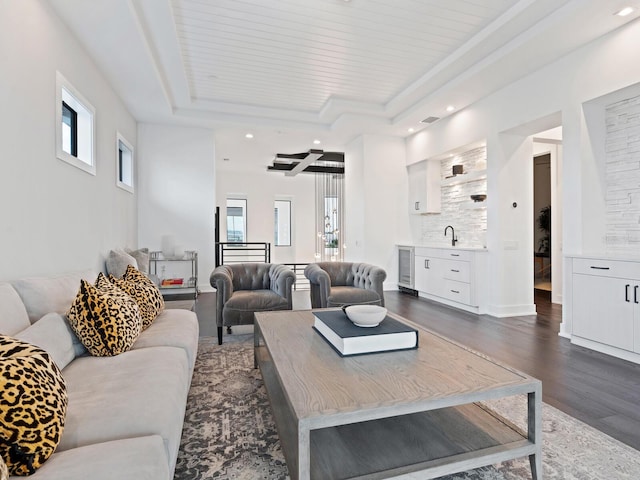 living room featuring a raised ceiling, dark hardwood / wood-style flooring, a healthy amount of sunlight, and sink