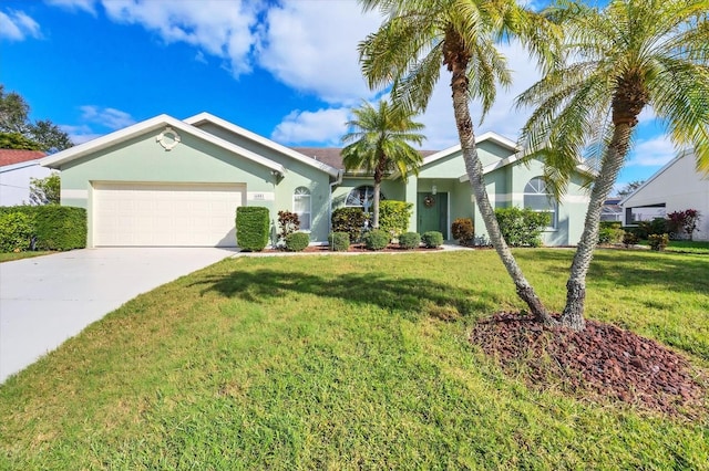 ranch-style home featuring a garage and a front lawn