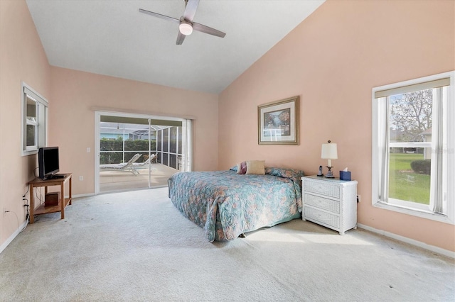 bedroom with ceiling fan, light colored carpet, and access to outside