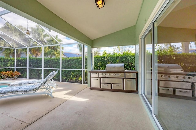 unfurnished sunroom with lofted ceiling