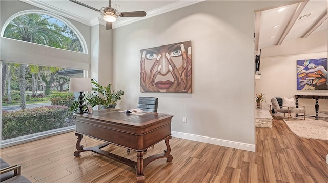 office area with ceiling fan, light hardwood / wood-style flooring, and ornamental molding