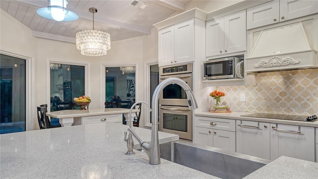 kitchen featuring beam ceiling, wooden ceiling, stainless steel appliances, and custom range hood