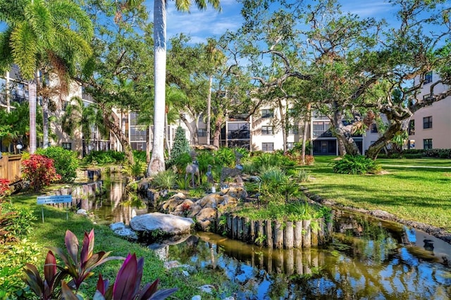 surrounding community featuring a lawn and a water view