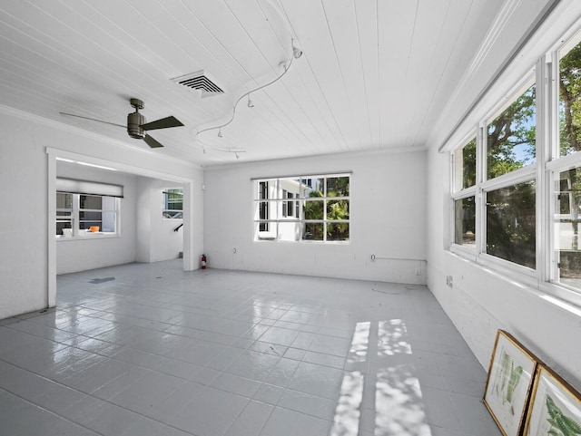 611 Hibiscus Way, Longboat Key, FL 34228 - interior space featuring tile patterned flooring, wood ceiling, ornamental molding, ceiling fan, and visible vents