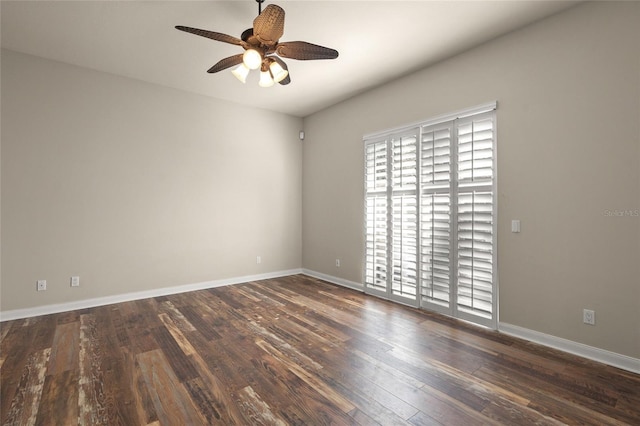 unfurnished room featuring ceiling fan and dark wood-type flooring