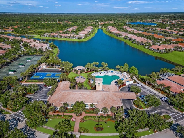 aerial view featuring a water view