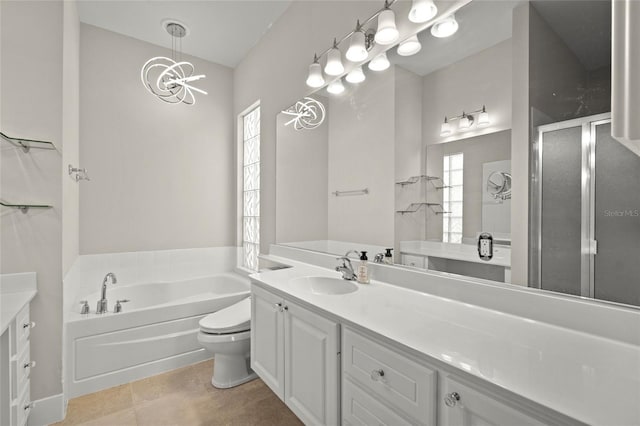 full bathroom with a chandelier, shower with separate bathtub, vanity, and toilet